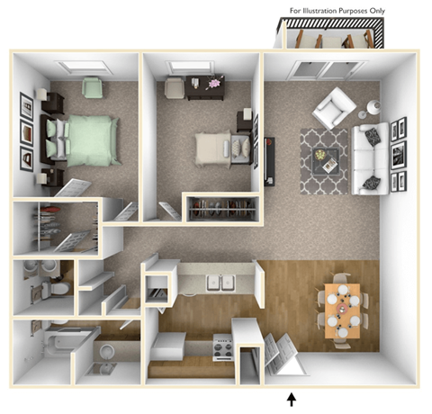 Floor plan for 2 beds, 1.5 baths, 952 sqft